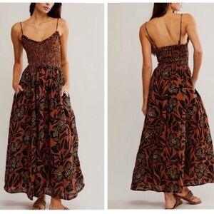 Free People Women’s  Sweet Nothings Midi Smocked Dress Brown Patina Combo